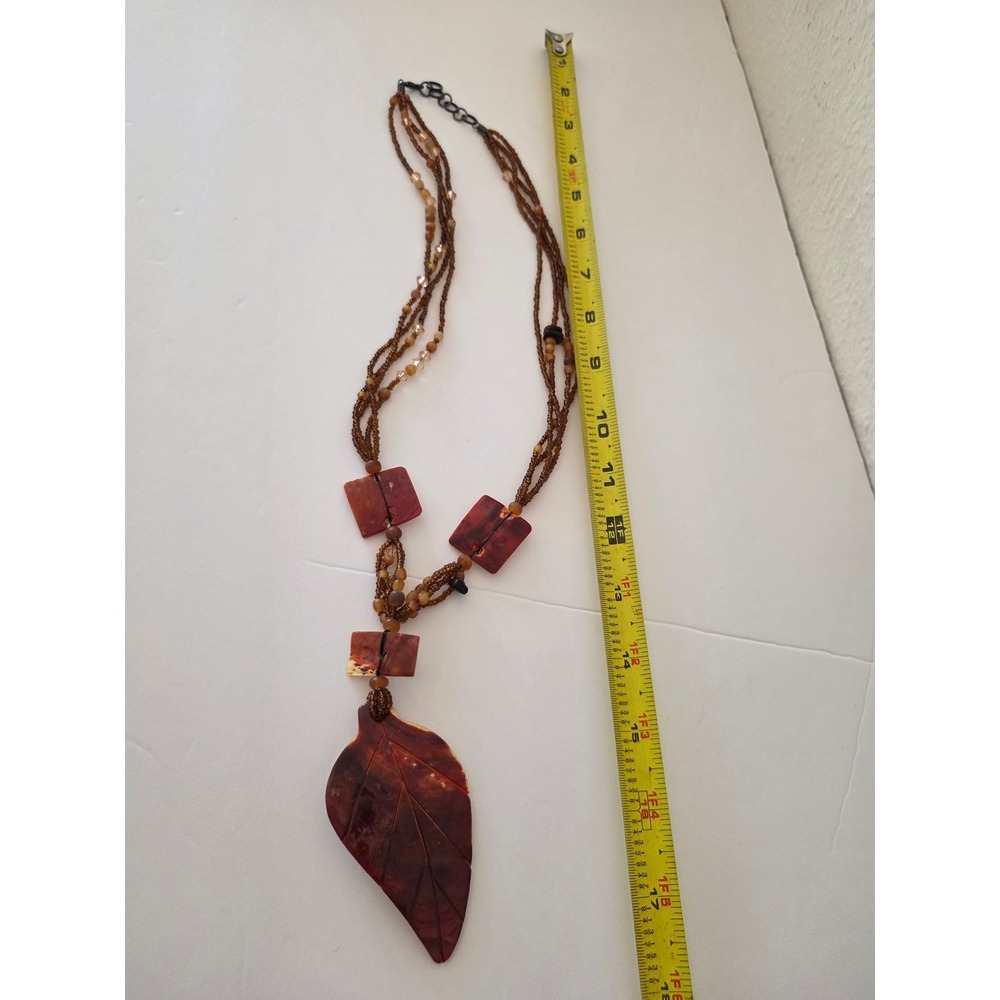 Boho Multi-Strand Beaded Necklace Carved Leaf Shell Pendant Brown Statement - Picture 3 of 5